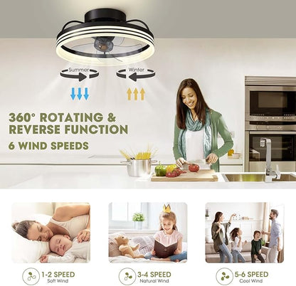 LUDOMIDE Ceiling Fans with Lights, 360° Rotating Ceiling Fan with Lights and Remote, 6 Wind Speeds Smart Low Profile Ceiling Fan for Bedroom, Kids Room and Living Room 20"