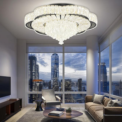 Modern Crystal Chandelier for Living Room Black 24in Crystal Raindrop Ceiling Light for Room Bedroom LED Dimmable 2700-6000K
