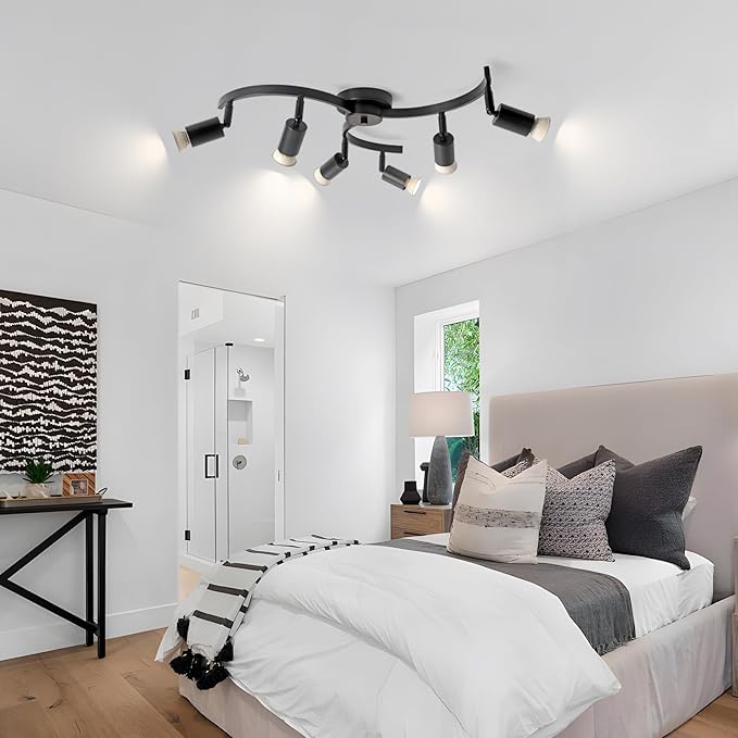6 Light Track Lighting Fixtures Ceiling, Flexibly Rotatable Light Heads, Black Semi Flush Mount Ceiling Light for Kitchen Dining Room Living Room.Gu10 Bulb Base.