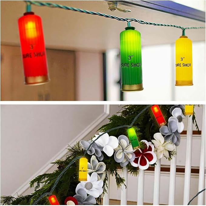 8.5FT LED Shotgun Shell String Lights with 10 Multicolor Novelty 3D Bullets Holiday Decor for Christmas,Mexican Fiesta,Summer Parties,Indoor/Outdoor Patio Bedroom Lighting (Green Wire)