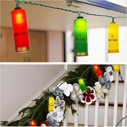 8.5FT LED Shotgun Shell String Lights with 10 Multicolor Novelty 3D Bullets Holiday Decor for Christmas,Mexican Fiesta,Summer Parties,Indoor/Outdoor Patio Bedroom Lighting (Green Wire)