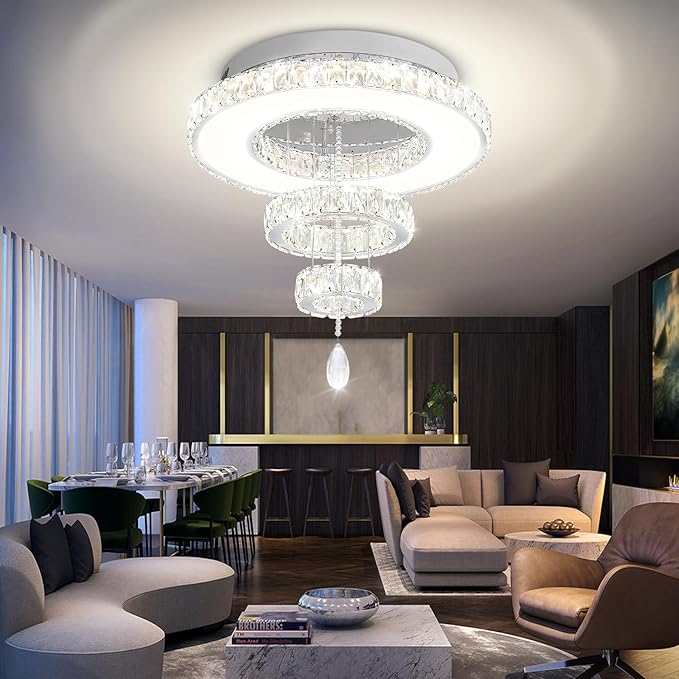 Flashing God Dia 20" Flush Mount Chandeliers Silver Modern Living Room Chandelier LED Crystal Ceiling Light 2 Rings Pendant Light Crystal Chandeliers for Bedroom Dining Room Entryway
