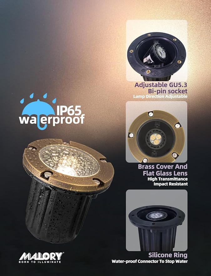 MALORY Brass Top Cover Landscape Well Lights, (4.6''H) 12V Low Voltage Outdoor In Ground Lights,Landscape Lighting for Pathway, Driveway and Garden 4-Pack with MR16 Bulb (Flat Top)