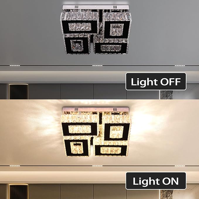13.1'' Square Crystal Chandelier Light Modern Crystal Ceiling Light Flush Mount Ceiling Lamps for Dining Room Living Room Bedroom Hallway Warm White