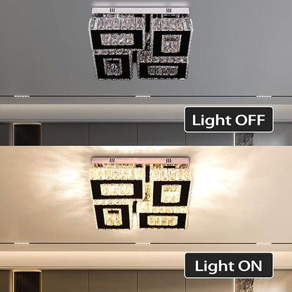 13.1'' Square Crystal Chandelier Light Modern Crystal Ceiling Light Flush Mount Ceiling Lamps for Dining Room Living Room Bedroom Hallway Warm White