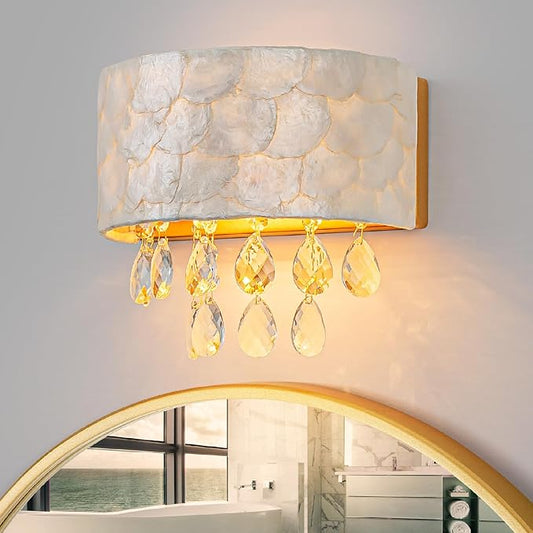 LumFurn 2-Light Capiz Shell Crystal Wall Sconces, Coastal Design Indoor Wall Lamp, Vanity Wall Mount Light Fixture for Bathroom, Hallway, Bedroom, Shell Lampshade, Crystal Pendants & Gold Finish