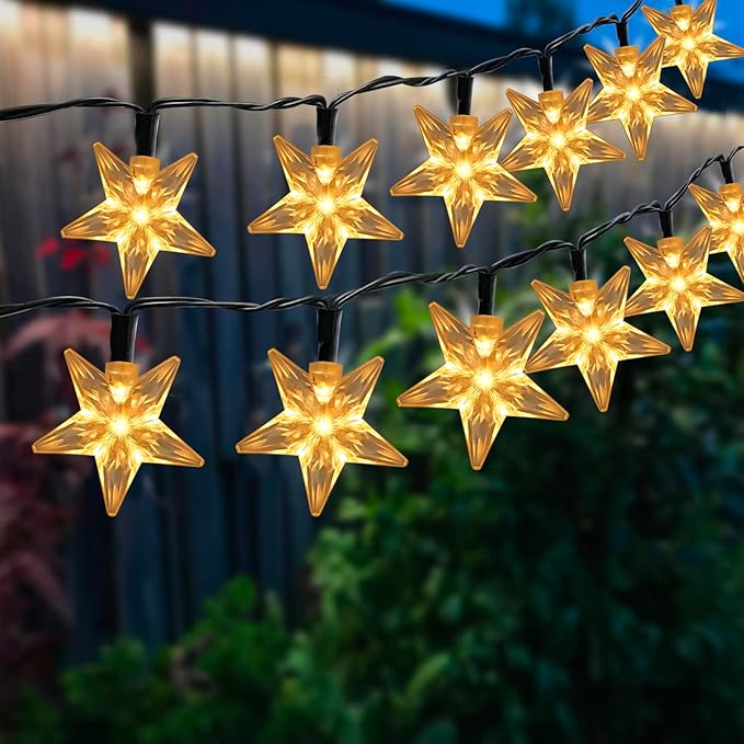 Solar Star Lights Outdoor - 50 LED Solar String Lights Outdoor Waterproof, 30.68ft Solar Powered Star String Lights, Warm White Twinkle Fairy Lights for Garden Fence Yard Decorations, 8 Modes