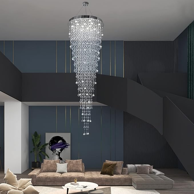 Modern Large Crystal Chandelier for High Ceilings, Raindrop Round Large Foyer Chandelier, Luxury Flush Mount Ceiling Light Fixture for Stairse Entryway Living Room Dia 32" x H 96"-12 Lights