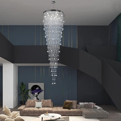 Modern Large Crystal Chandelier for High Ceilings, Raindrop Round Large Foyer Chandelier, Luxury Flush Mount Ceiling Light Fixture for Stairse Entryway Living Room Dia 32" x H 96"-12 Lights