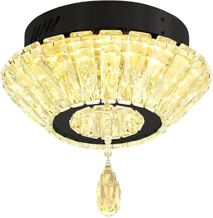 Black 12'' LED Mini Crystal Chandelier Dimmable Flush Mount Ceiling Light for Hallway Modern Living Room Bedroom Dining Room Foyer