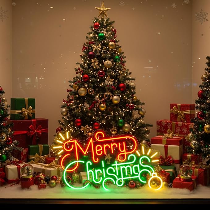Merry Christmas LED Neon Sign – Festive Tree-Themed Wall Light for Holiday Home Decor, Party Backdrop & Gift, Customizable Christmas Wall Decoration 14″×10.2″