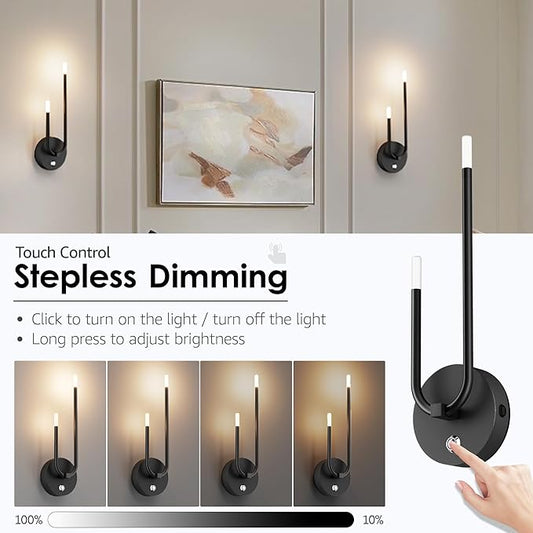 Aipsun Black Battery Operated Wall Sconce Set of 2, Wireless Sconces Modern LED 3000K Rechargeable Wall Sconce Dimmable Battery Wall Light for Living Room,Bedroom