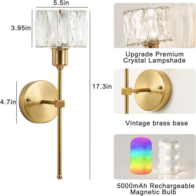 Crystal Battery Operated Wall Sconces Set Of Two, Gold Wireless Wall Light with USB Rechargeable LED Light Bulbs 12 Colors Dimmable Crystal Wall Lamp with Remote for Living Room, Bedroom, Hallway