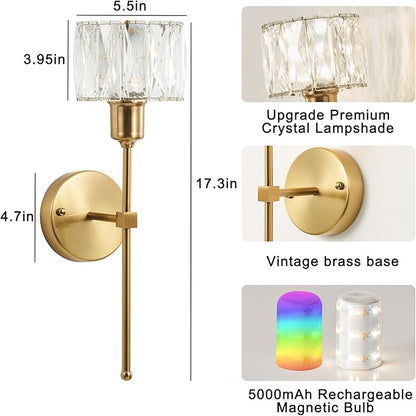 Crystal Battery Operated Wall Sconces Set Of Two, Gold Wireless Wall Light with USB Rechargeable LED Light Bulbs 12 Colors Dimmable Crystal Wall Lamp with Remote for Living Room, Bedroom, Hallway