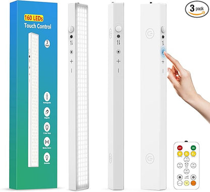 12inch 3Pack Touch Control Under Cabinet Lighting, 160LED Super Bright, 4000mAh Long-Lasting, Magnetic Rechargeable Motion Sensor Under Counter Lights for Kitchen, Closet, Remote, Dimmable, 3CC丨White