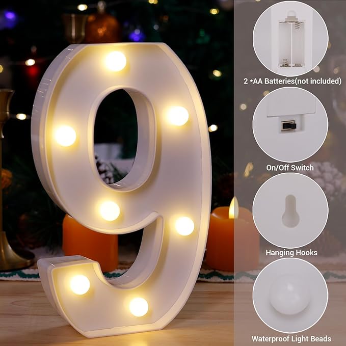 LED Marquee Sign Light Up Letters, Alphabet Light Up Letters Sign, Battery Powered LED Letter Lights for Night Light, Wedding, Birthday, Party, Christmas or Home Decor (Number 9)