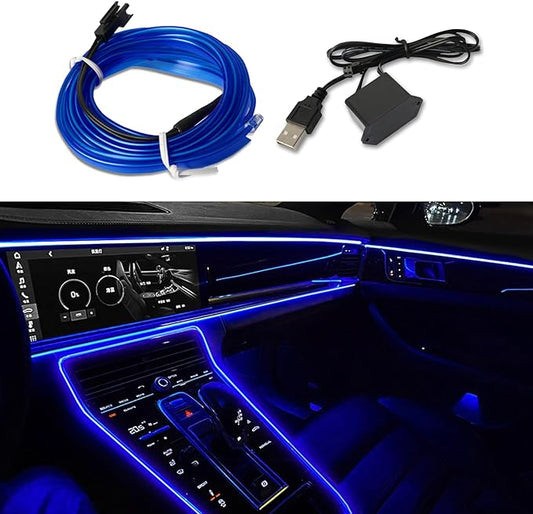 EL Wire Interior Car LED Strip Lights, 16.5FT USB Neon Glowing Strobing El Wire Lights with 6mm Sewing Edge, Ambient Lighting Kits Universal Car Interior Accessories for Most Car (Blue)