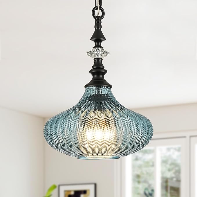 3-Light Chandelier,Black Farmhouse Pendant Light Fixture for Kitchen,Adjustable Hanging Lighting with Blue Glass Shade for Hallway Bedroom Entryway Dining Room Island