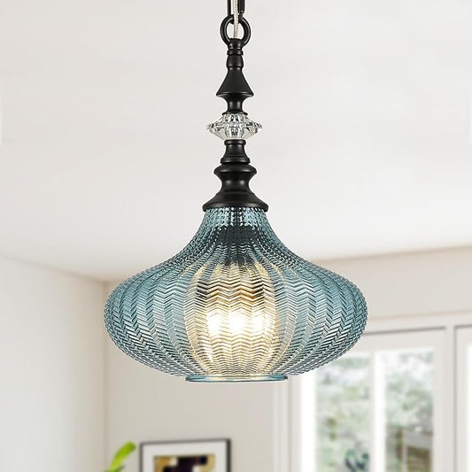 3-Light Chandelier,Black Farmhouse Pendant Light Fixture for Kitchen,Adjustable Hanging Lighting with Blue Glass Shade for Hallway Bedroom Entryway Dining Room Island