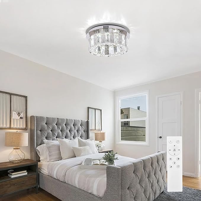 11.8" Dimmable Crystal Chandelier Modern LED Flush Mount Mini Ceiling Light Fixtures with Remote Control Crystal Round Chandeliers Light for Hallway Bedroom Kitchen