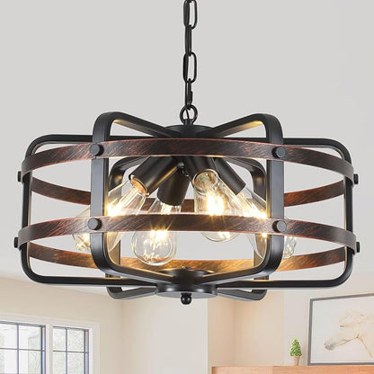 17.71" Modern Farmhouse Chandelier 4-Lights Cage Industrial Black Chandeliers for Dining Room Light Fixture Rustic Lantern Pendant Vintage Lighting Fixtures for Foyer Kitchen Entryway Living Room E26