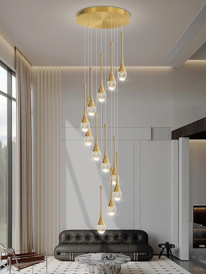 ykolupty 12-Lights Staircase Chandelier Gold Pendant Light Fixture for Sloped High Ceiling Raindrop Chandelier for Living Room Foyer Hallway Villa