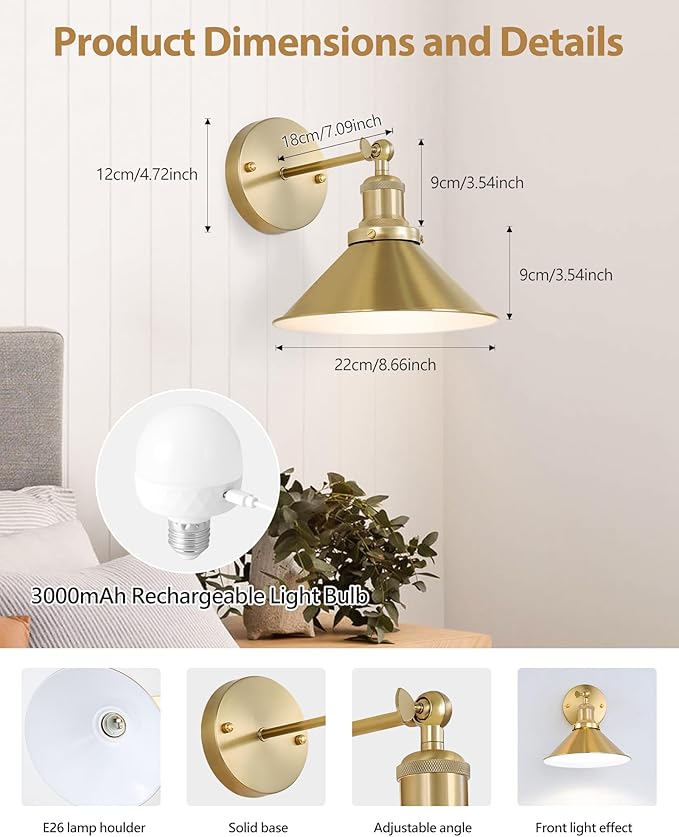 Bailoch Gold Vintage Wireless Battery Operated Wall Sconces, Rechargeable Cordless Battery Powered Led Wall Lights Set of 2, Wall Lamp Fixture Indoor with Remote Control for Bedroom Farmhouse Gallery