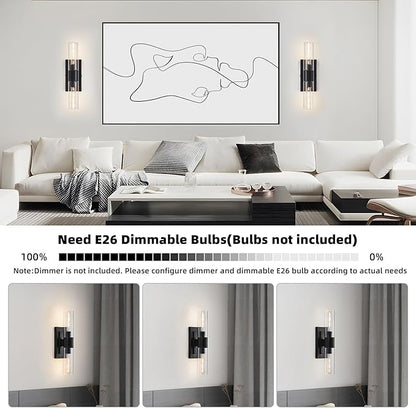 Black Wall Sconces Set of Two,Modern Bathroom Light Fixtures,2-Light Sconces Wall Lighting with Thickened Tempered Clear Glass,19 in Indoor Hardwired Wall Lights for Bedroom,Mirror, E26 Base