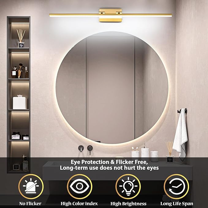 LED Bathroom Vanity Light, Modern Bathroom Light Fixture Over Mirror (3000K/4000K/6000K, Dimmable), Vanity Light Bar with Angle Adjustable, 40 Inch, Brass