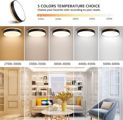 Modern Wood Flush Mount Ceiling Light, Black LED 5CCT 2700K-6000K Dimmable Ceiling Light Fixtures, Round Close to Lighting Fixture for Kitchen Entryway Hallway Bedroom Laundry Room-11.8in