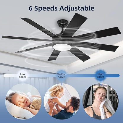 YITAHOME Black 60 Inch Ceiling Fan with Light and Remote, DC Fanlight for Indoor, Modern Light Fan with Reversible 6 Speeds, 3 Color Temperatures, Memory Function, Quiet Motor