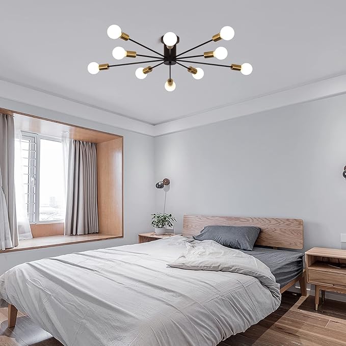 Garwarm Modern Sputnik Ceiling Light, 10-Light Mid Century Sputnik Chandelier Industrial Semi Flush Mount Ceiling Light Fixture for Living Room Kitchen Bedroom Farmhouse Dining Room(Black+Gold)