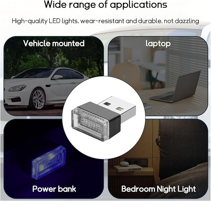 Dickno 4 PCS USB LED Car Interior Atmosphere Lamp, Portable Mini LED Night Light, Plug-in USB Interface Trunk Ambient Lighting Kit, Universal Vehicle Interior Accessories (Blue+Red)