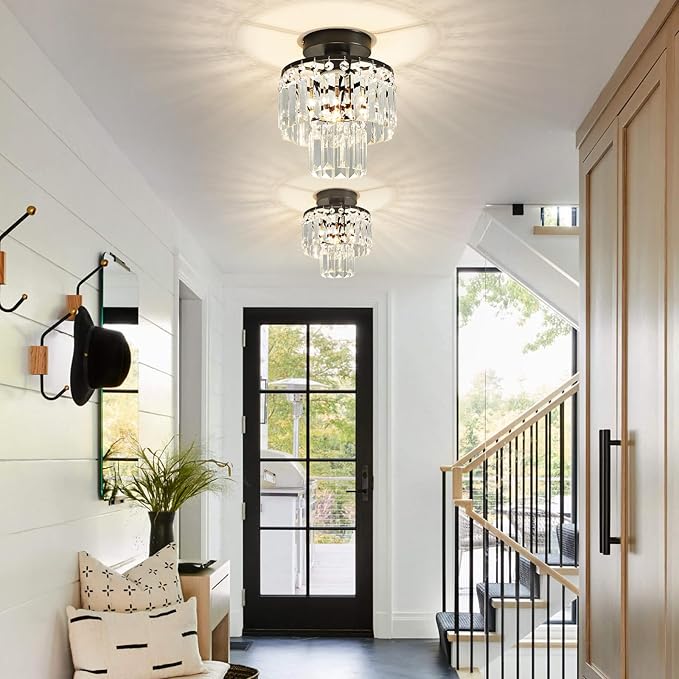Mini Crystal Chandelier,Black Crystal Chandeliers,2-Tier Semi Flush Mount Chandelier Pendant Lighting Fixture for Living Room Dining Room Corridors Bedroom Hallway E26 Base