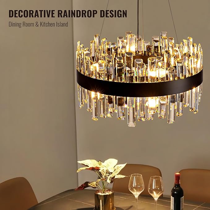 Siljoy Black Crystal Chandelier for Dining Room, Modern 2-Tiers K9 Crystal Raindrop Chandelier 12 Lights Farmhouse Pendant Ceiling Light for Living Room Kitchen Island Entry Foyer D19.7''