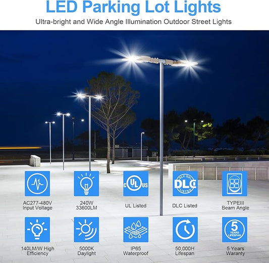 480V LED Parking Lot Light 240W 33600LM UL Listed LED Street Light IP65 5000K Commercial Shoebox Light for Stadium Driveway (277-480VAC Input)