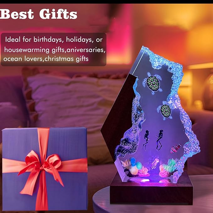 Couple Divers and Sea Turtles Ocean Resin Lamp, Handmade Resin Night Light for Home Bedroom Decor, Multi-Color LED Light, Couples Gifts for Him and Her, Unique Gifts for Wife and Husband (6"x4")
