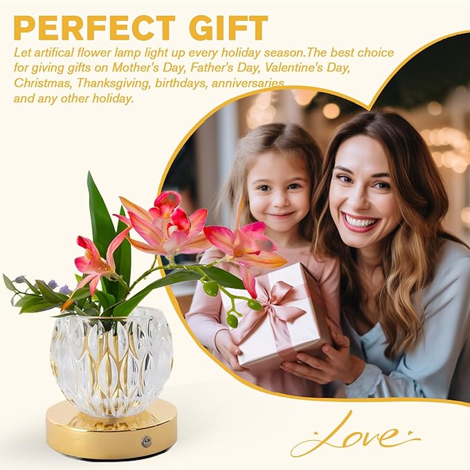 Flower Table Lamp, 3 Colors Orchid Night Light, Cordless Touch Dimming Flower with Vase Lamp, LED Desktop Decorative Landscape Lights for Festival Party Home Decor (Pink-Ivory Orchid)