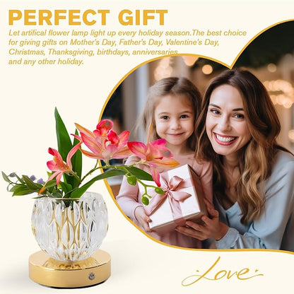 Flower Table Lamp, 3 Colors Orchid Night Light, Cordless Touch Dimming Flower with Vase Lamp, LED Desktop Decorative Landscape Lights for Festival Party Home Decor (Pink-Ivory Orchid)