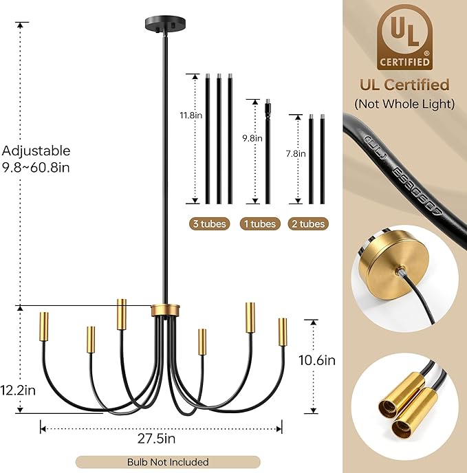 Dining Room Chandelier, ropelux 6-Light Black & Gold Farmhouse Light Fixtures Over Table, Hanging Height Adjustable Kitchen Island Lighting with E12 Base (Bulb not Included) for Foyer Bedroom Entryway