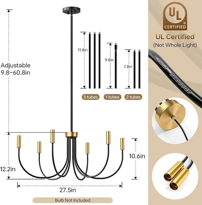 Dining Room Chandelier, ropelux 6-Light Black & Gold Farmhouse Light Fixtures Over Table, Hanging Height Adjustable Kitchen Island Lighting with E12 Base (Bulb not Included) for Foyer Bedroom Entryway