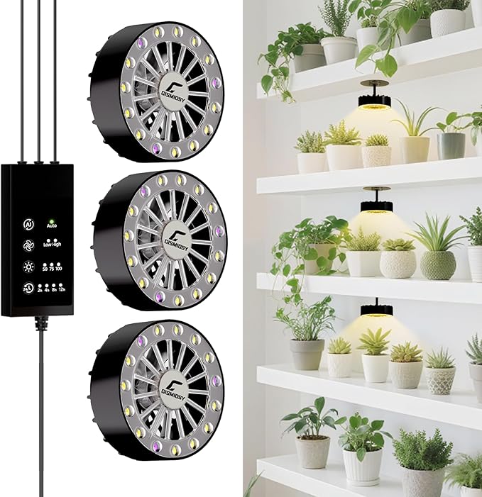 Suction Cup Grow Light for Indoor Plants, Full Spectrum LED Plant Light with Fan, Window Mount Growing Lamp for Seedlings & Succulents, CRI 90+, 2/4/8/12H Timer, 90° Lens, 3 Packs