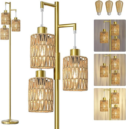 Oneach 70" Floor Lamps for Living Room, Stepless Dimmable Boho Floor Lamp with 3 Bulbs, Tall Farmhouse Industrial Corner Standing Tree Lamp for Bedroom, Office, Study Room, Dining Room, Gold