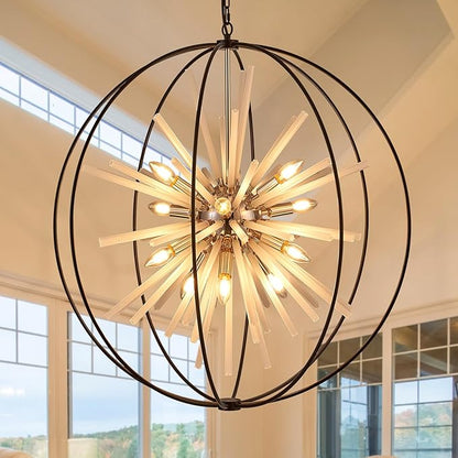 31.5" Black Gold Large Globe Sputnik Chandelier, 12-Light Mid Century Modern Industrial Starburst Golden Satellite Light Fixture for High Ceiling Living Room Dining Room Foyer Stairway,E12