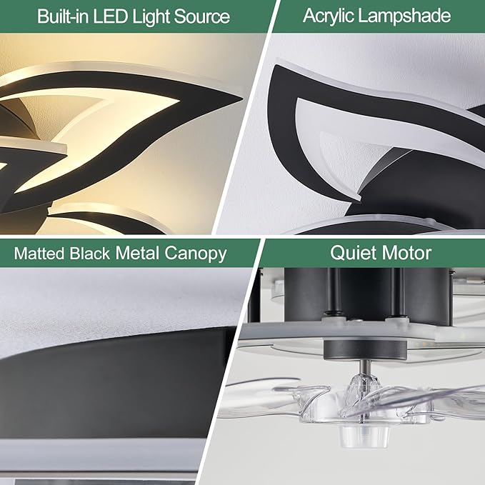 Yfrest Modern Ceiling Fan with Light and Remote, Low Profile Ceiling Fans with Lights, 32 Inch Flush Mount Ceiling Fan with 3 Light Color 6 Speeds, Fandelier Ceiling Fan for Living Room, Dining Room
