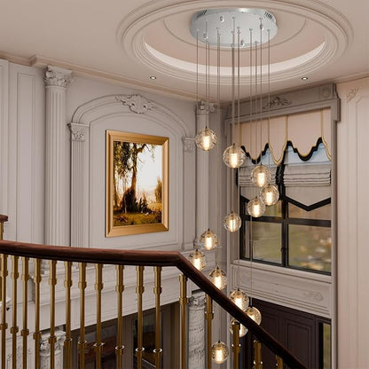 HAIXIANG 14-Lights Modern Chandelier Bubble Crystal 118" Long Lights for Living Room Entrance Foyer Sloped High Ceiling Spiral Pendant Lighting Warm Ligh Bulbs Silver Lights