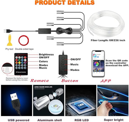 Jushope Car LED Lights, Interior Car Lights with Wireless APP/RF Remote/Button Control, Car Ambient Lighting Kit with 236" Integrated Molding Fiber Optic RGB Sync to Music (USB)