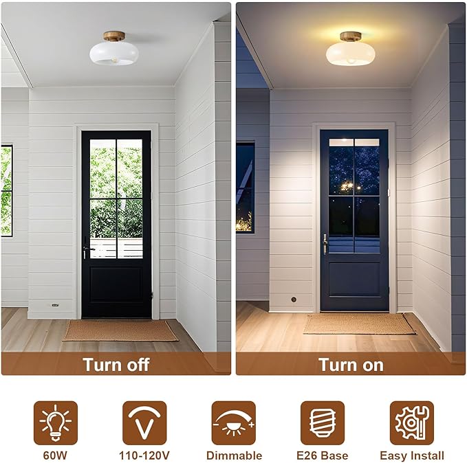 WOKNOS Mid-Century Modern Semi Flush Mount Ceiling Light, Faux Wood Kitchen Ceiling Light Fixture with Glass Shade, Mini White Close to Ceiling Lamp for Entryway Hallway Bathroom (11.0 Inch)