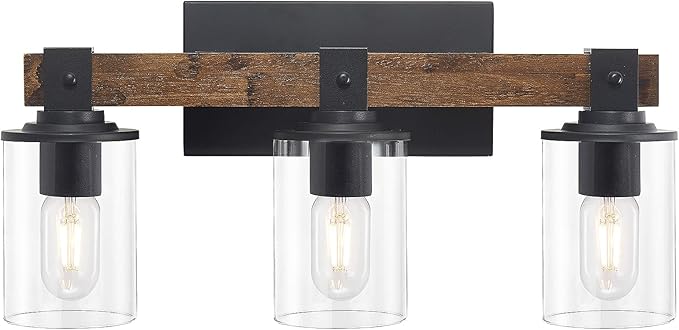 DUJAHMLAND Farmhouse Vanity Light Fixture,3-Light Bathroom Wood Wall Light Over Mirror with Clear Glass Shade, Rustic Vintage Wall Sconce Lighting.(Antique Wood, 3-Light)
