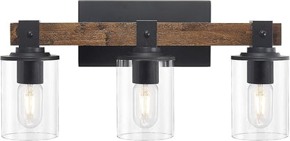DUJAHMLAND Farmhouse Vanity Light Fixture,3-Light Bathroom Wood Wall Light Over Mirror with Clear Glass Shade, Rustic Vintage Wall Sconce Lighting.(Antique Wood, 3-Light)